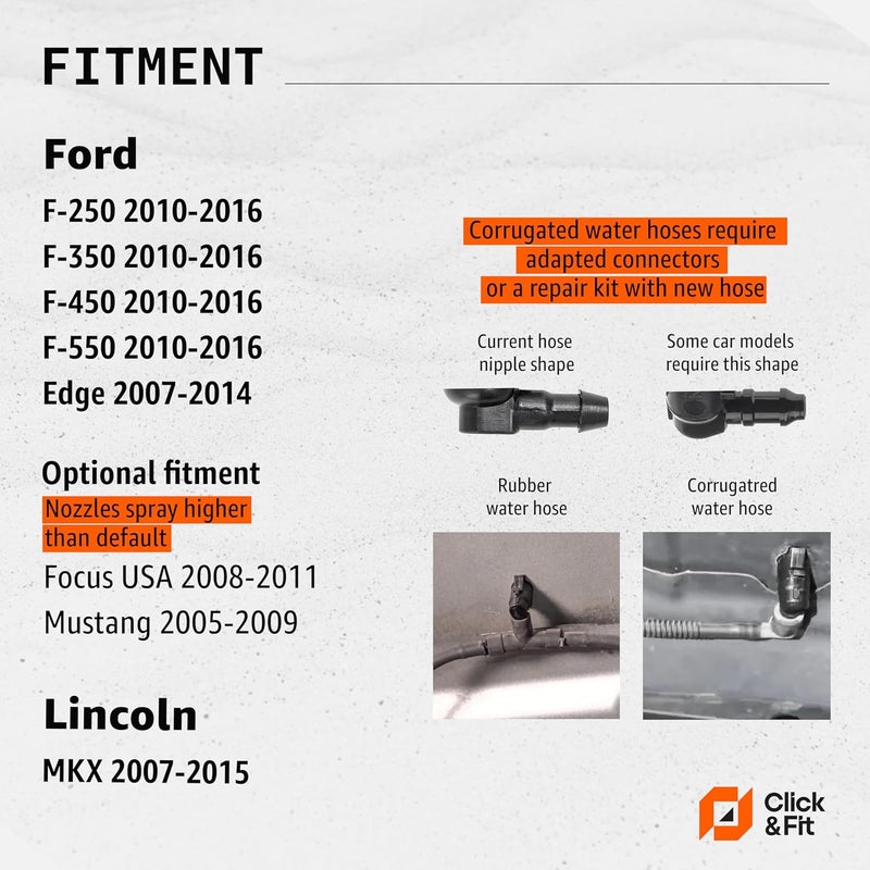 Click&Fit Windshield Washer Jet Nozzles compatible with Ford Edge 2007-2011, F-250 F-350 F-450, Lincoln MKX – Wiper water spayers replaces 7C3Z17603A, Elevated 2-pcs set - Image 2